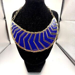 Anne Klein Statement Bib Necklace Blue Enamel Gold Tone Geometric Chevron